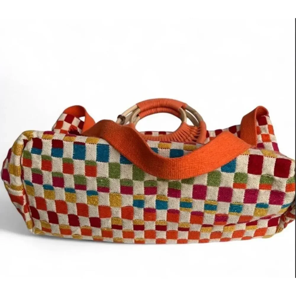 America & Beyond Sunshine Tote Bag Woven Checker Multicolor Tassel Boho Beach